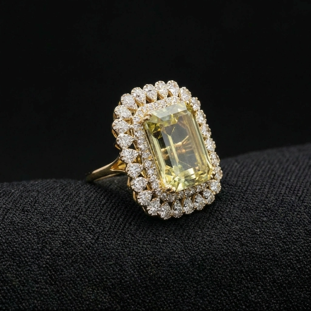 Natural Yellow Sapphire Ring in 14K Gold with Natural Diamond Halo | Emerald Cut Yellow Sapphire Statement Ring for Women view 4
