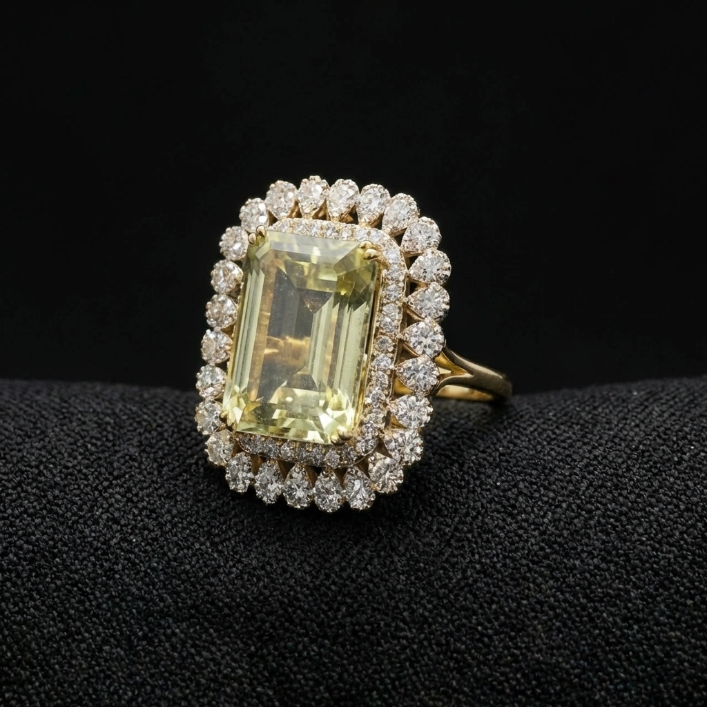 Natural Yellow Sapphire Ring in 14K Gold with Natural Diamond Halo | Emerald Cut Yellow Sapphire Statement Ring for Women view 5
