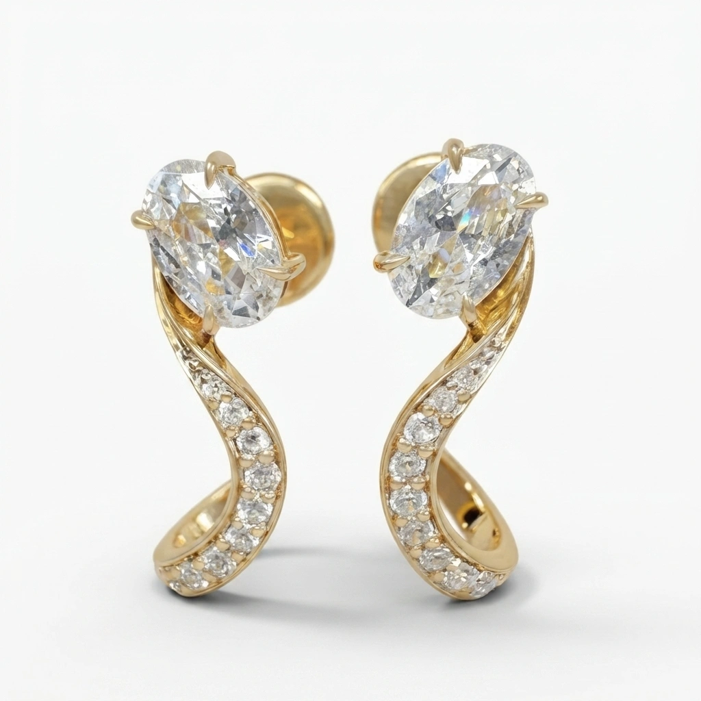 Oval & Round Diamond Earrings in Yellow Gold | Lab Grown Diamonds view 3