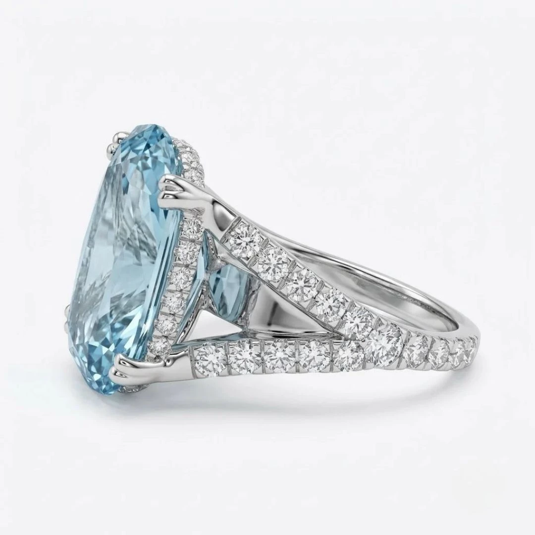 Oval & Round Lab Grown Blue Diamond Ring view 4