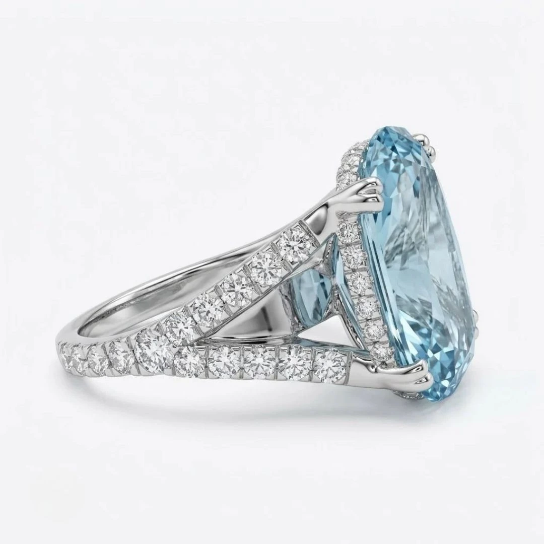 Oval & Round Lab Grown Blue Diamond Ring view 5