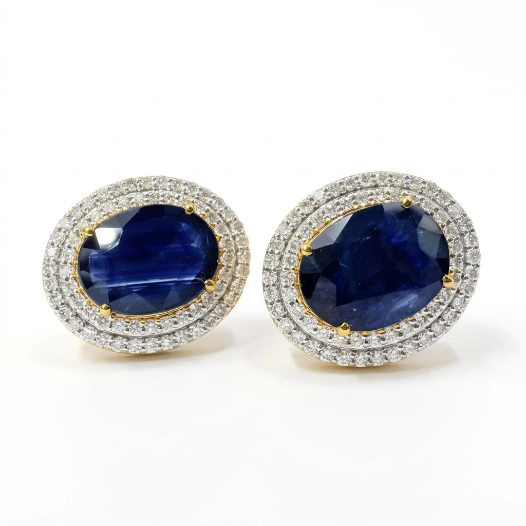 Oval Blue & Round Lab Grown Diamond Earrings | Yellow Gold | IGI Certified