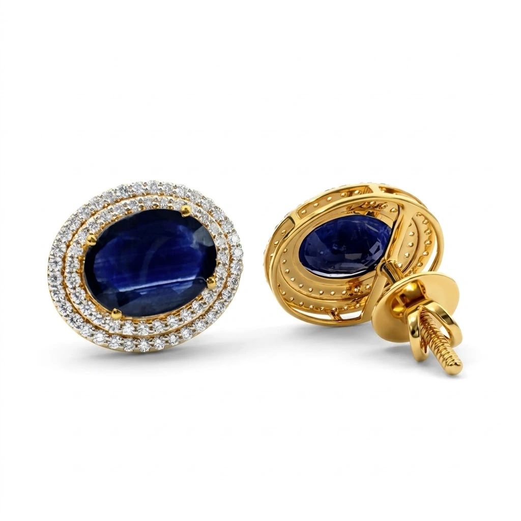 Oval Blue & Round Lab Grown Diamond Earrings | Yellow Gold | IGI Certified view 3