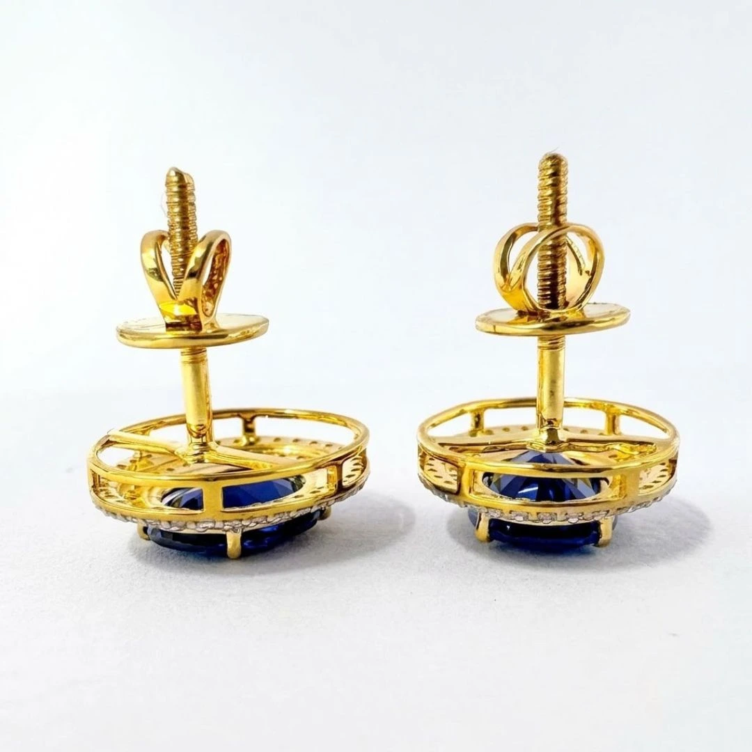 Oval Blue & Round Lab Grown Diamond Earrings | Yellow Gold | IGI Certified view 4