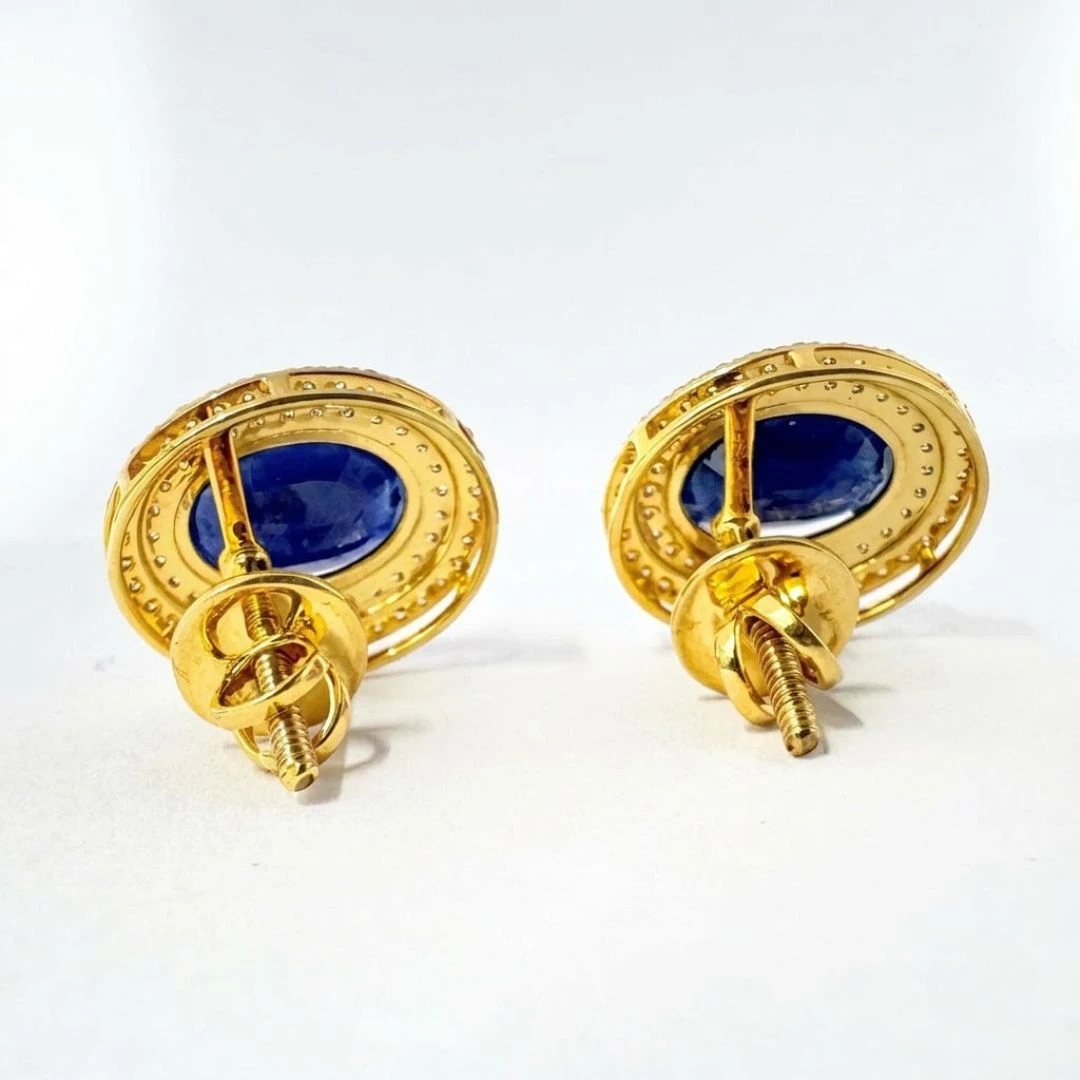 Oval Blue & Round Lab Grown Diamond Earrings | Yellow Gold | IGI Certified view 5