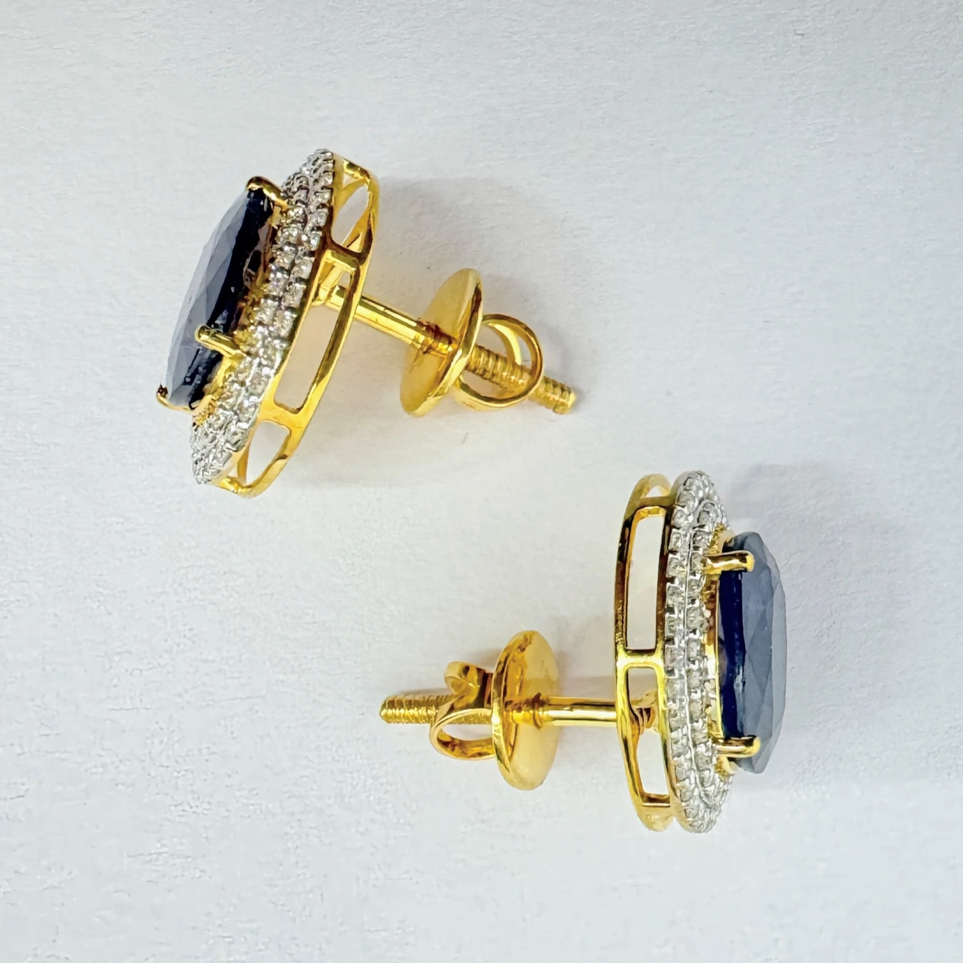 Oval Blue & Round Lab Grown Diamond Earrings | Yellow Gold | IGI Certified view 6
