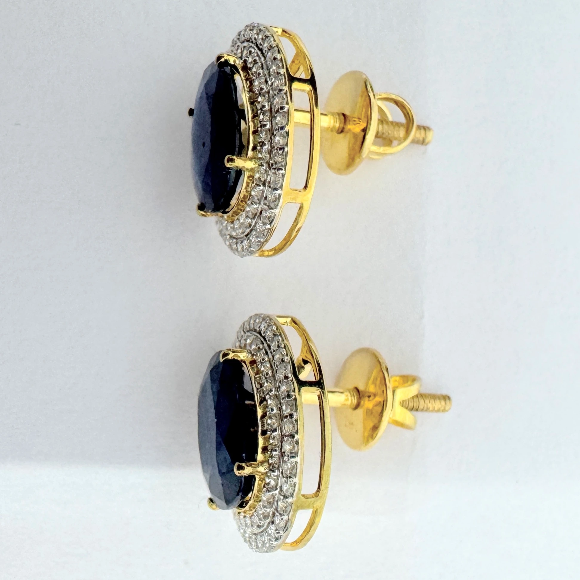 Oval Blue & Round Lab Grown Diamond Earrings | Yellow Gold | IGI Certified view 7