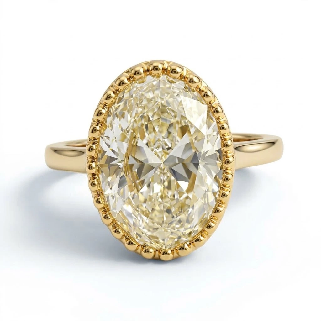 Oval Cut Lab Grown Diamond Milgrain Bezel Ring in Yellow Gold