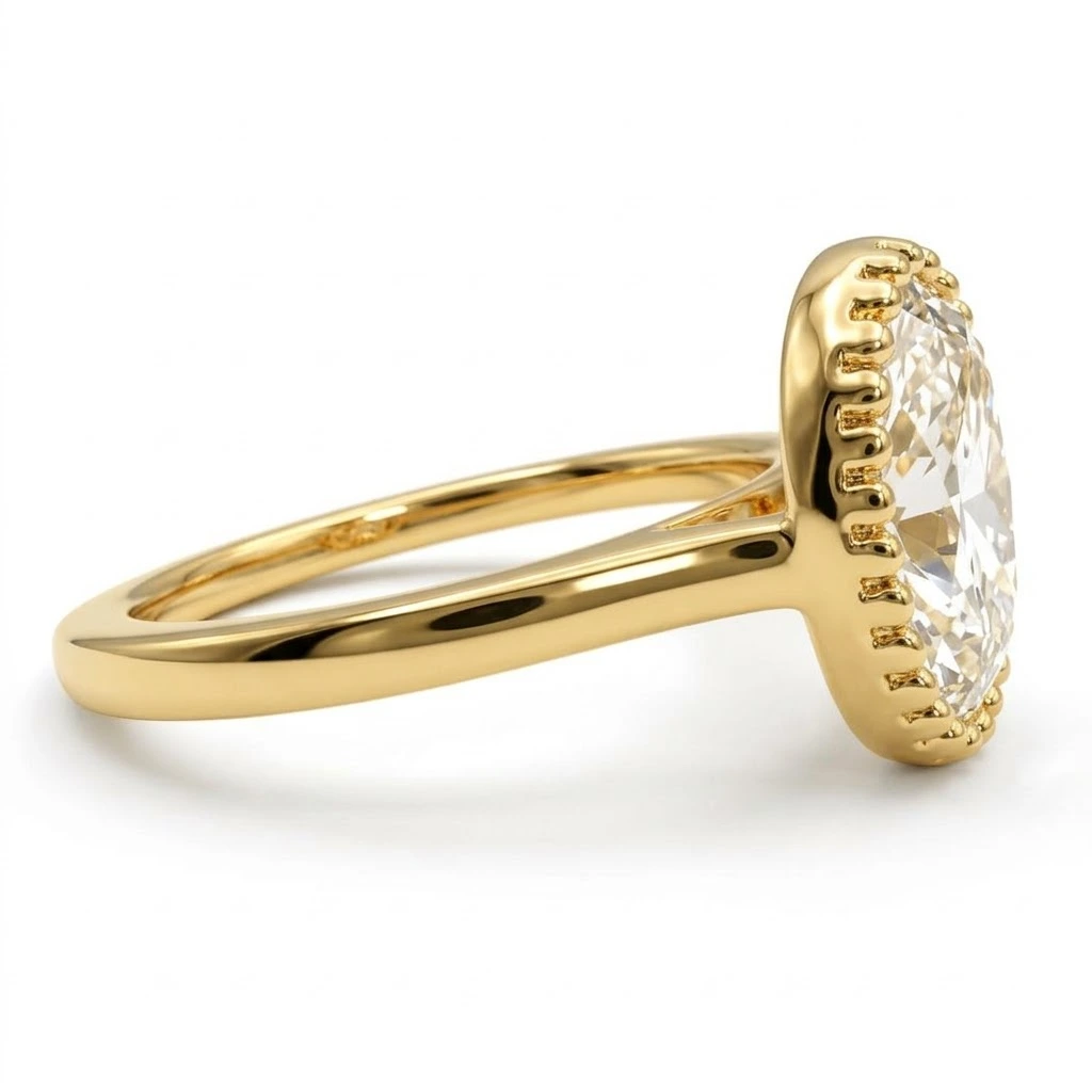 Oval Cut Lab Grown Diamond Milgrain Bezel Ring in Yellow Gold view 4