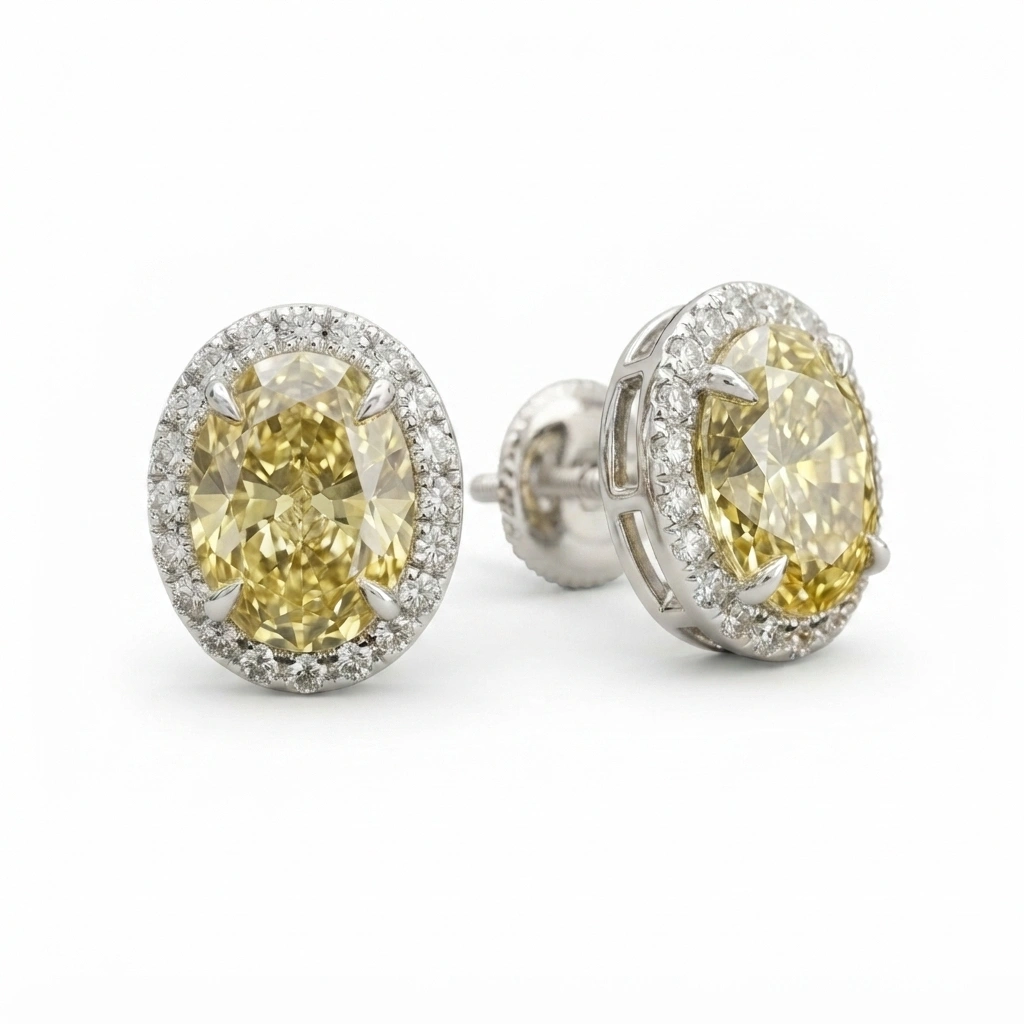 Oval Fancy Yellow Diamond Stud Earrings | Lab Grown & IGI Certified view 3