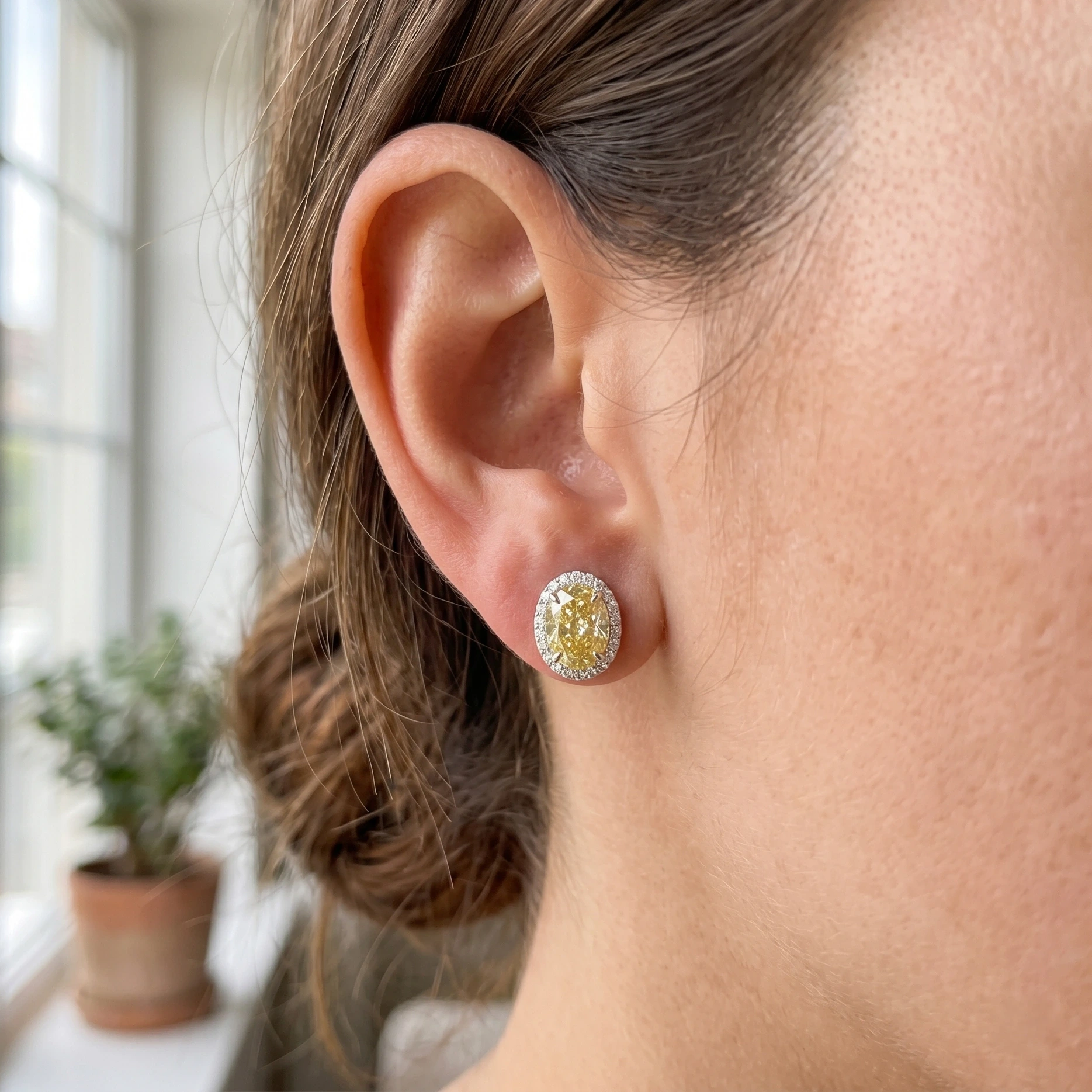 Oval Fancy Yellow Diamond Stud Earrings | Lab Grown & IGI Certified view 6