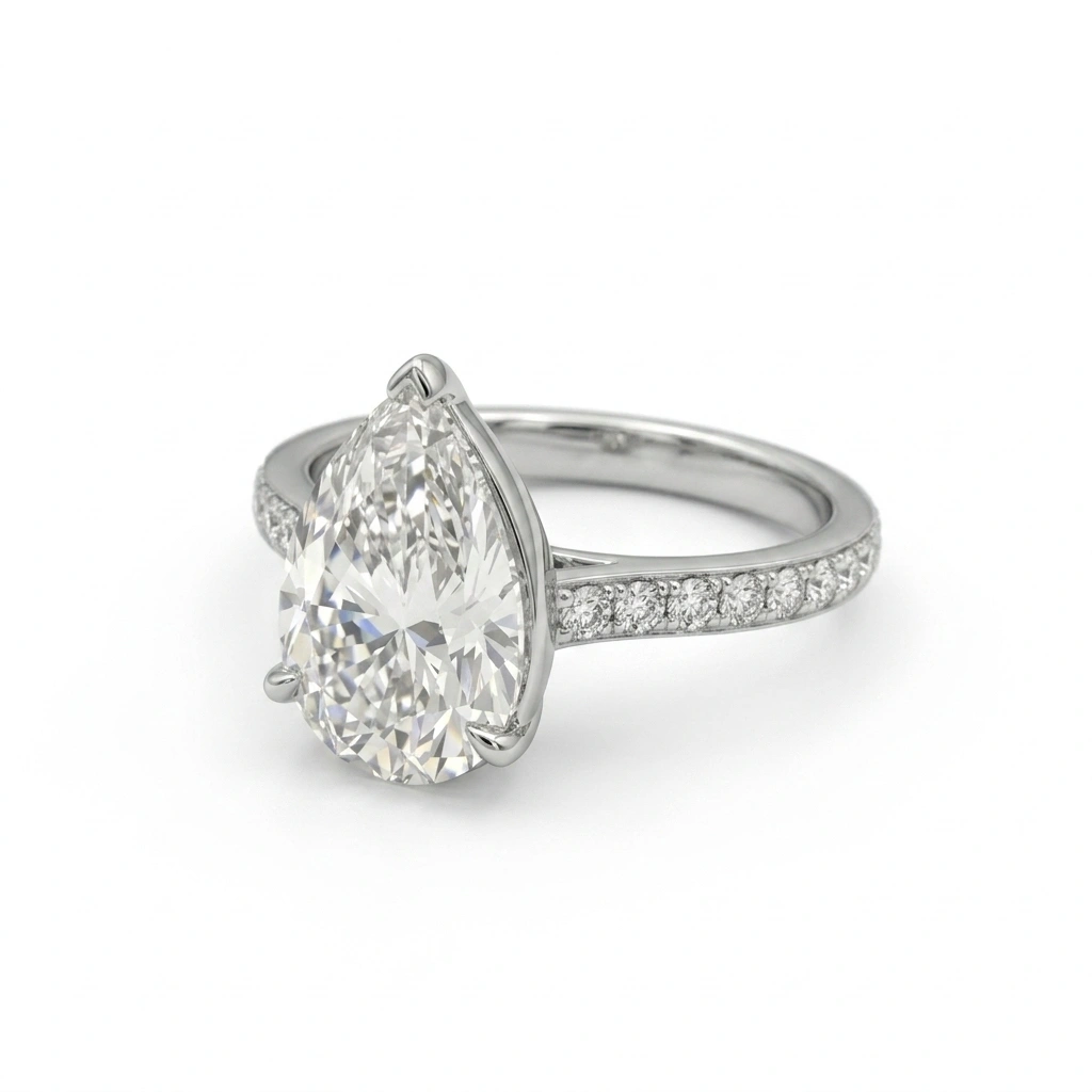 Pear Cut Solitaire Diamond Ring with Pavé Band | Platinum 950 view 4