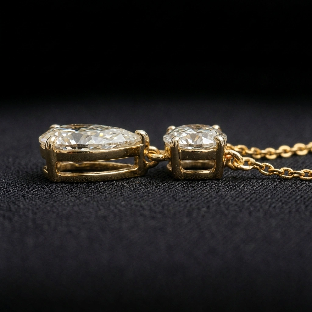 Pear Diamond Drop Pendant with Round Solitaire in 14K Yellow Gold Chain Included view 3