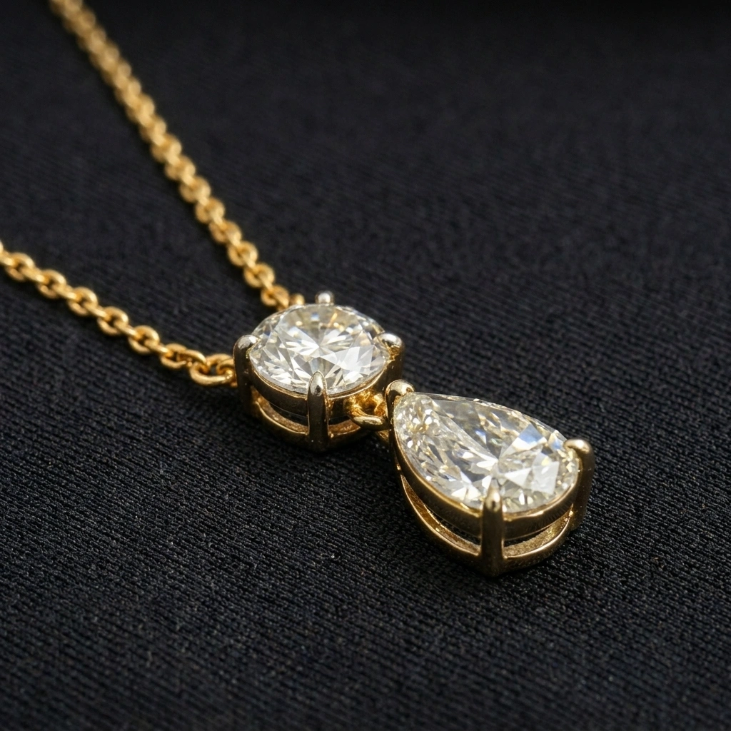 Pear Diamond Drop Pendant with Round Solitaire in 14K Yellow Gold Chain Included view 4