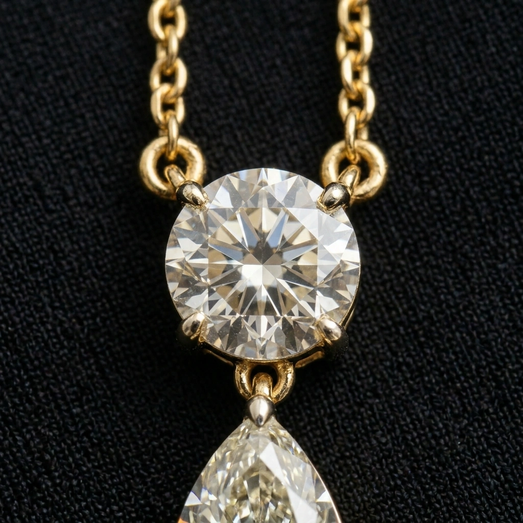 Pear Diamond Drop Pendant with Round Solitaire in 14K Yellow Gold Chain Included view 5