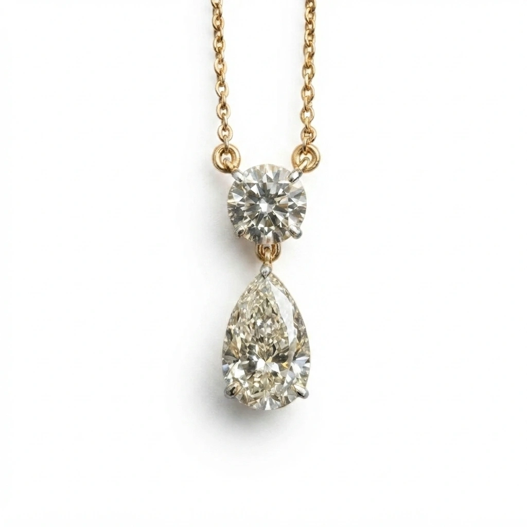 Pear Diamond Drop Pendant with Round Solitaire in 14K Yellow Gold Chain Included view 3
