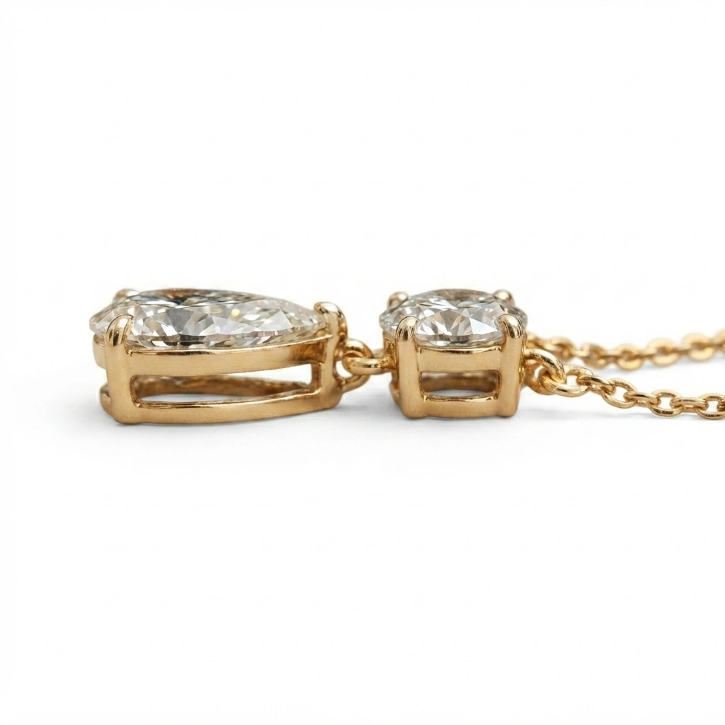 Pear Diamond Drop Pendant with Round Solitaire in 14K Yellow Gold Chain Included view 4