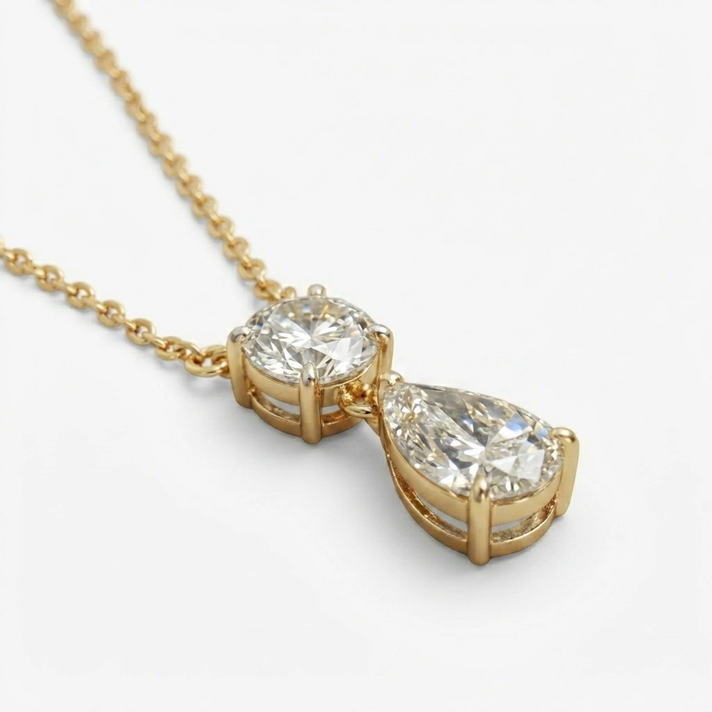 Pear Diamond Drop Pendant with Round Solitaire in 14K Yellow Gold Chain Included view 5