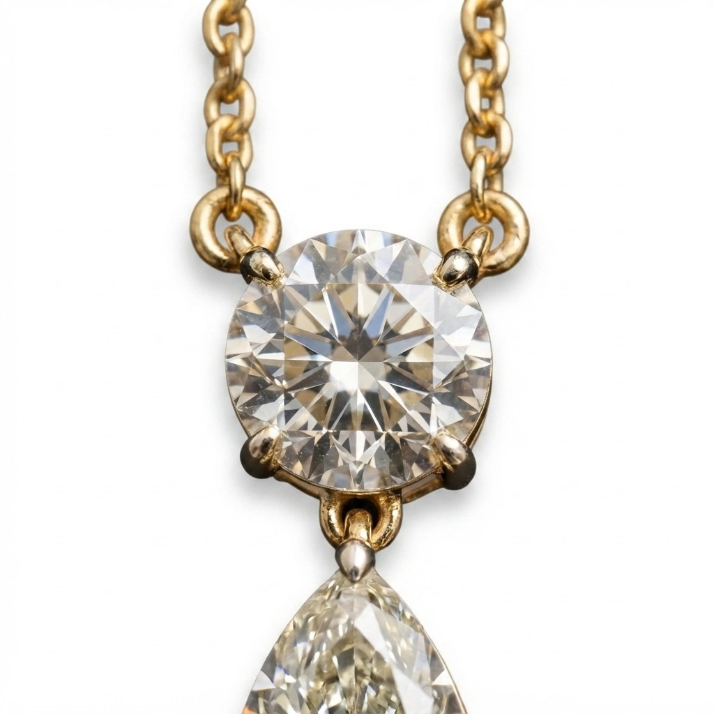 Pear Diamond Drop Pendant with Round Solitaire in 14K Yellow Gold Chain Included view 6