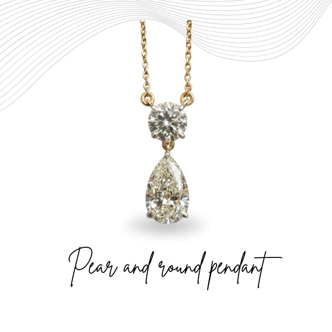Pear Diamond Drop Pendant with Round Solitaire in 14K Yellow Gold Chain Included