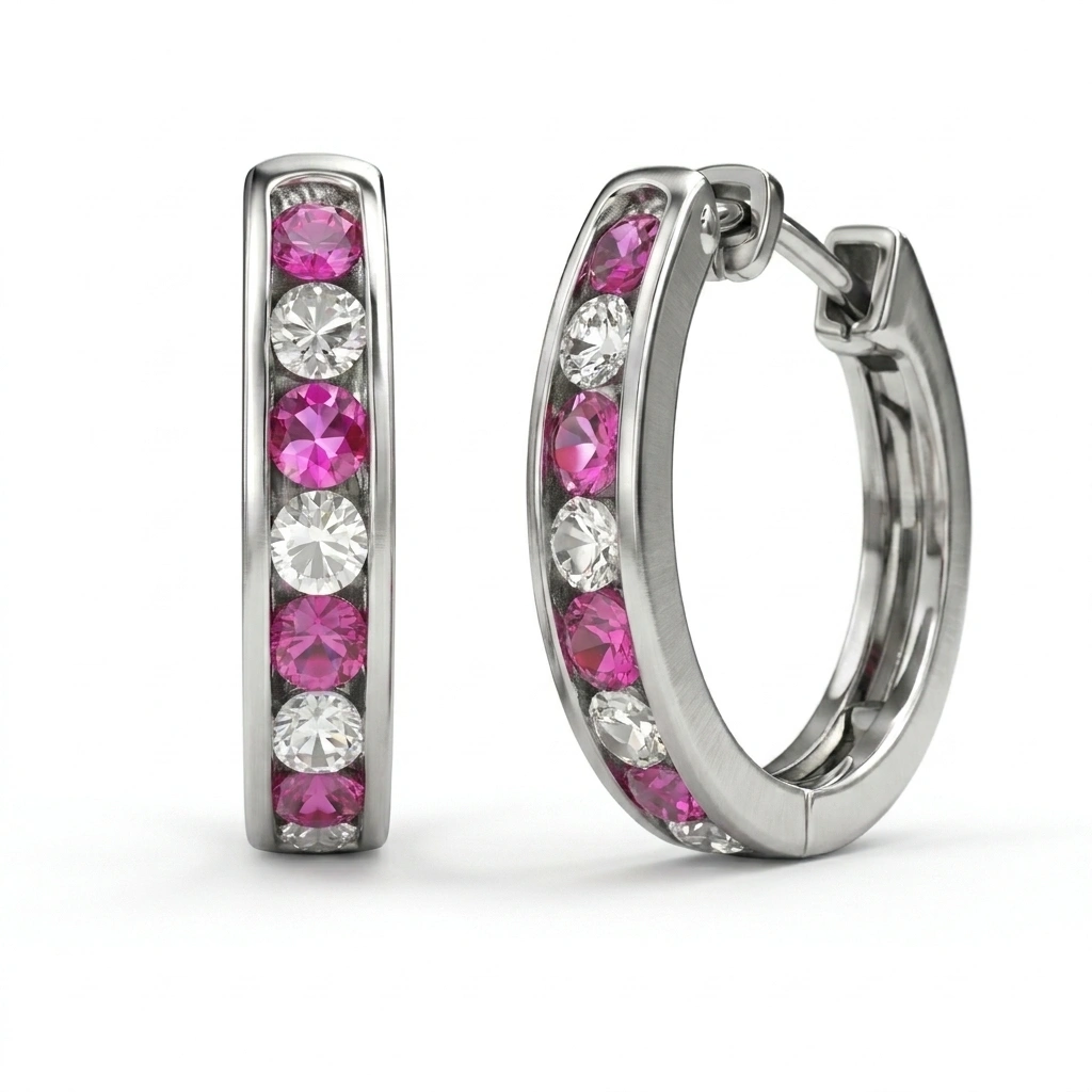 Pink Lab Grown Diamond Hoop Earrings in Platinum 950 view 5