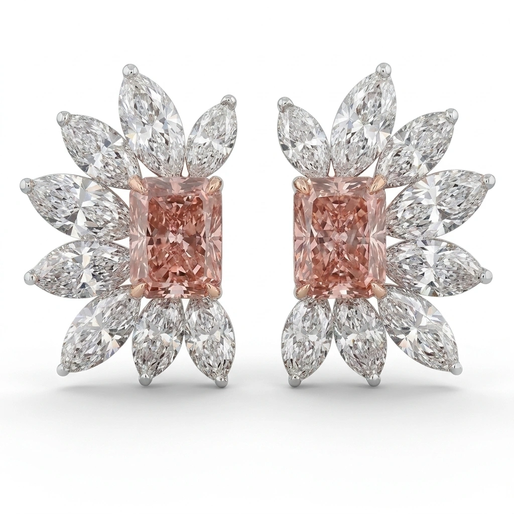 Pink Radiant & Marquise Diamond Stud Earrings in 14K Gold view 3