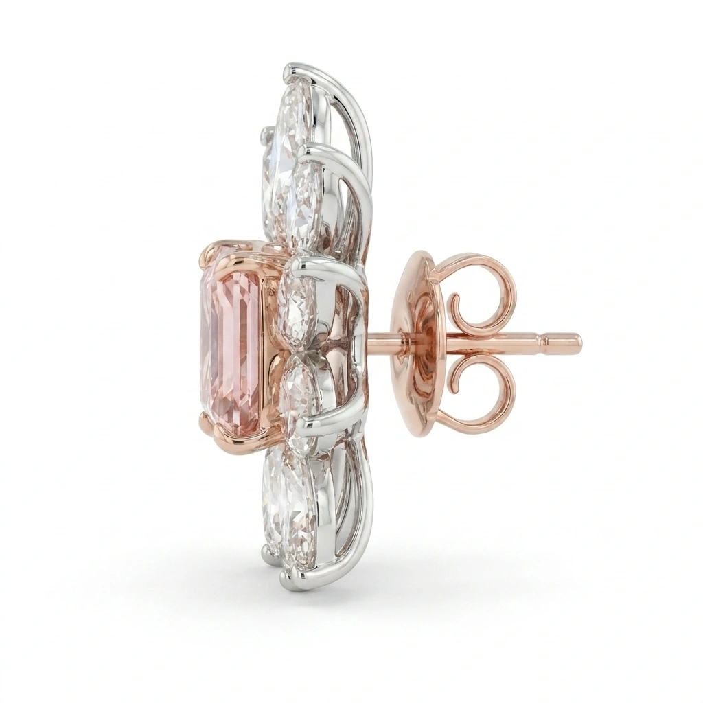 Pink Radiant & Marquise Diamond Stud Earrings in 14K Gold view 4