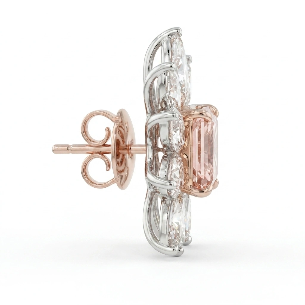 Pink Radiant & Marquise Diamond Stud Earrings in 14K Gold view 5