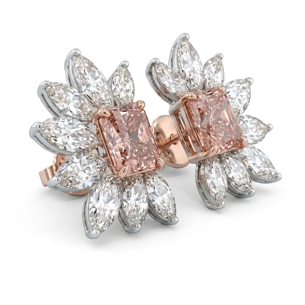 Pink Radiant & Marquise Diamond Stud Earrings in 14K Gold view 6