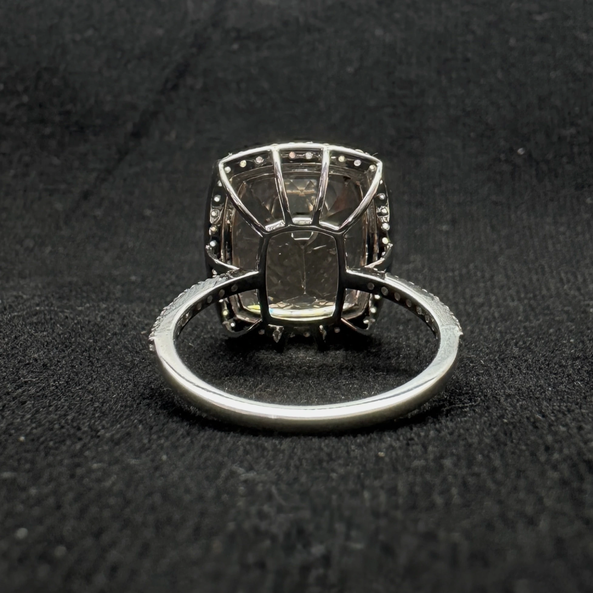 Platinum Cushion Cut Diamond Ring with Round Side Stones view 6