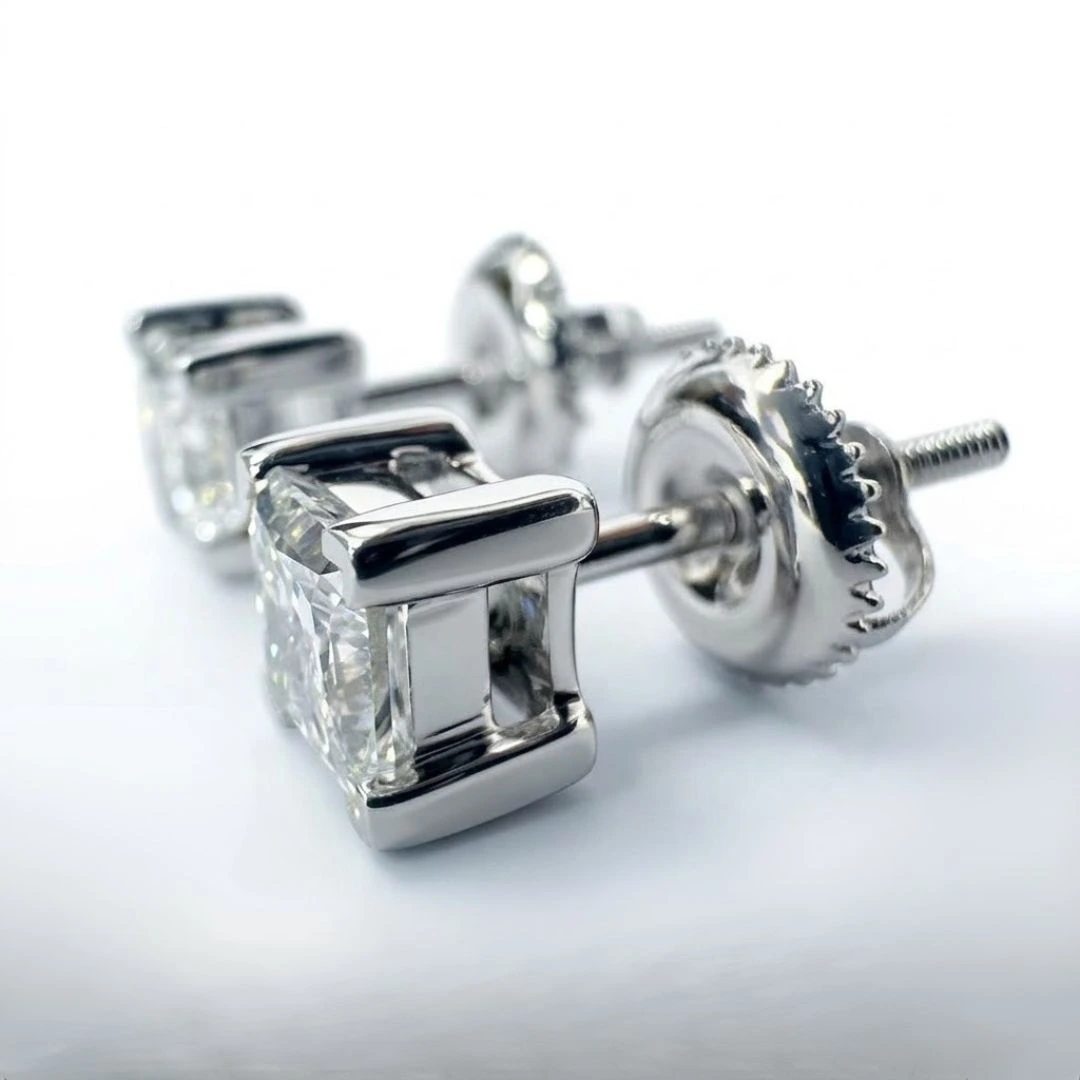 Princess Cut Lab Grown Diamond Solitaire Stud Earrings in PT950 Platinum view 6
