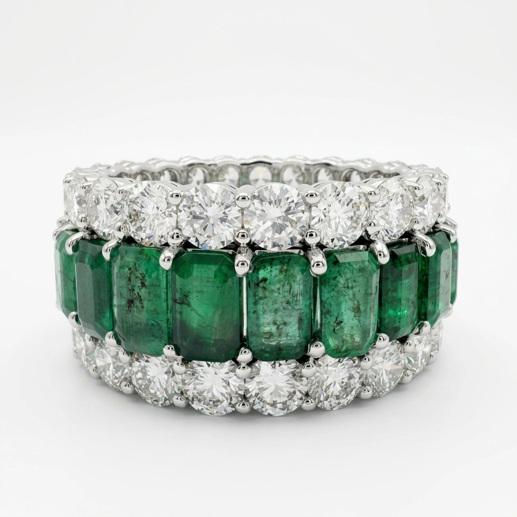 PT950 Platinum Emerald & Round Cut Diamond Statement Ring | Luxury Fine Jewelry view 3
