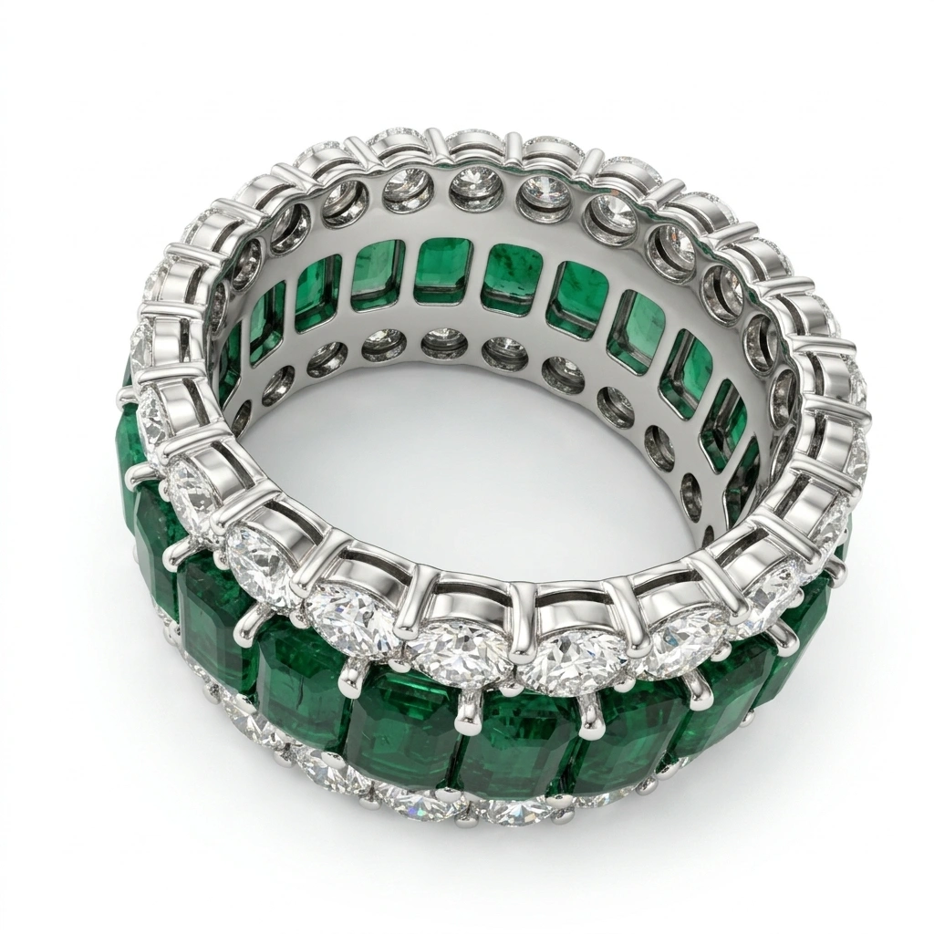 PT950 Platinum Emerald & Round Cut Diamond Statement Ring | Luxury Fine Jewelry view 4