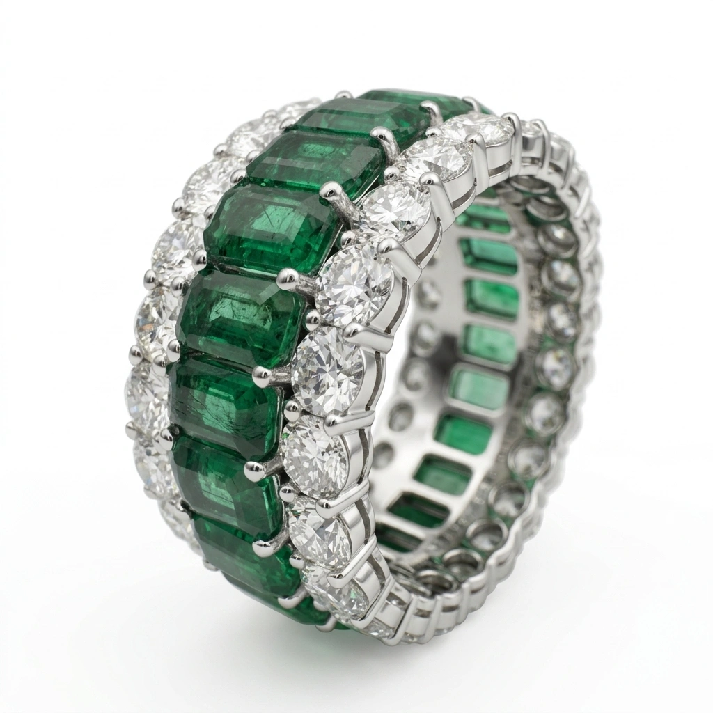 PT950 Platinum Emerald & Round Cut Diamond Statement Ring | Luxury Fine Jewelry view 6