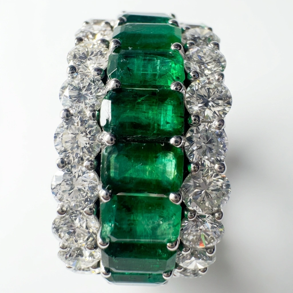 PT950 Platinum Emerald & Round Cut Diamond Statement Ring | Luxury Fine Jewelry view 7