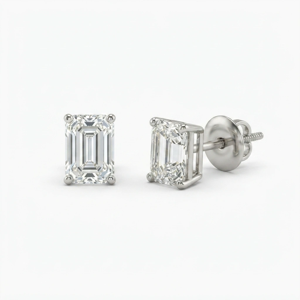 PT950 Platinum Emerald-Cut Lab-Grown Diamond Stud Earrings view 6