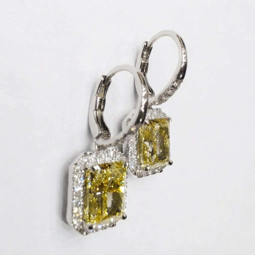 PT950 Platinum Radiant-Cut Yellow Diamond Halo Drop Earrings | Luxury Fine Jewelry view 5