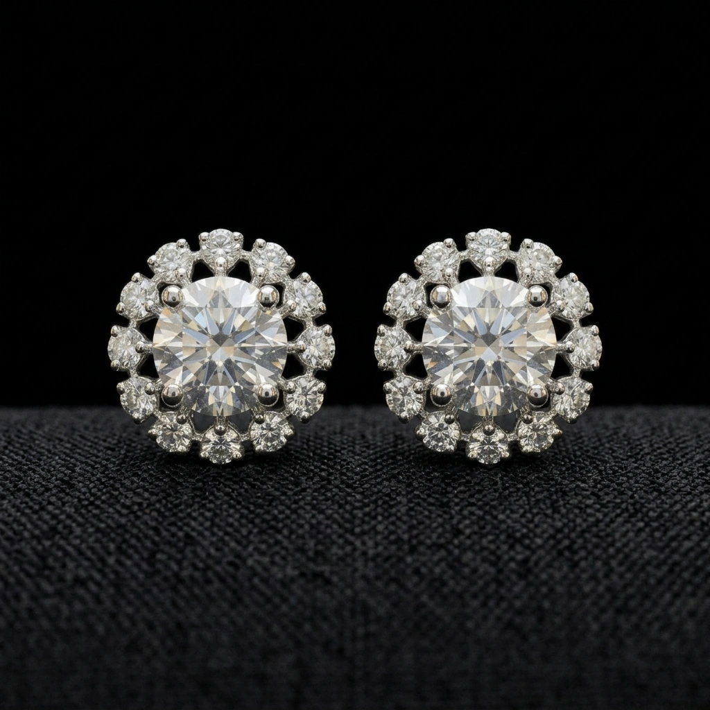 PT950 Platinum Round Brilliant Halo Diamond Stud Earrings | 1.90 CT Diamond Earrings