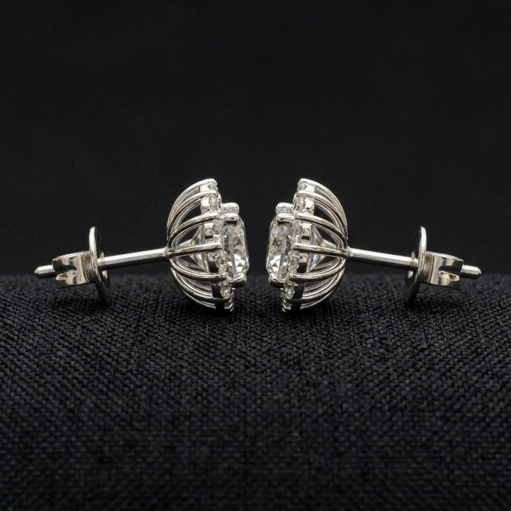 PT950 Platinum Round Brilliant Halo Diamond Stud Earrings | 1.90 CT Diamond Earrings view 3