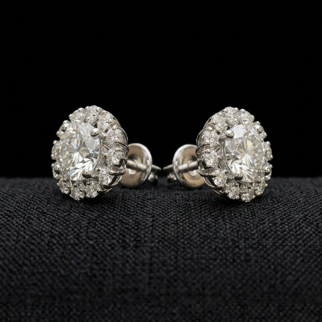 PT950 Platinum Round Brilliant Halo Diamond Stud Earrings | 1.90 CT Diamond Earrings view 4
