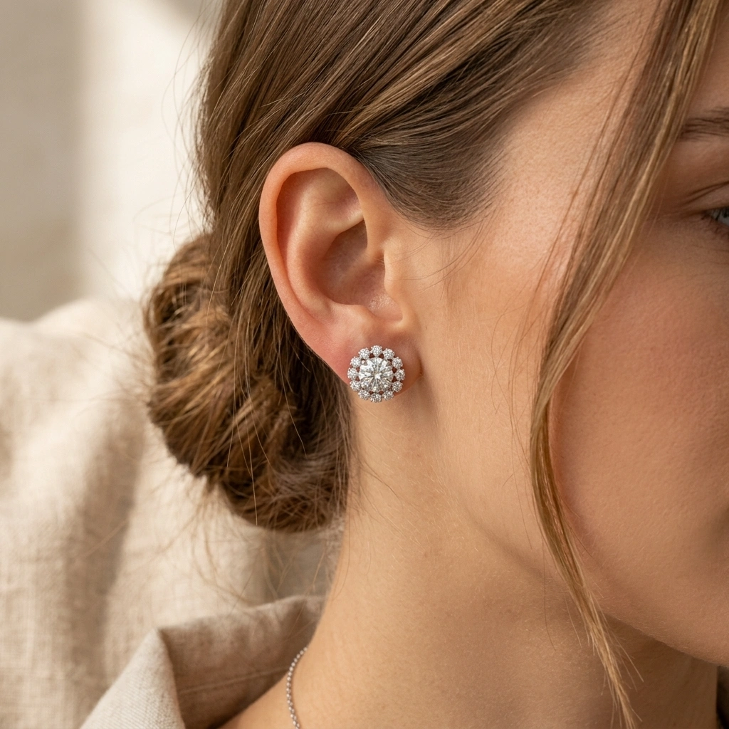 PT950 Platinum Round Brilliant Halo Diamond Stud Earrings | 1.90 CT Diamond Earrings view 5