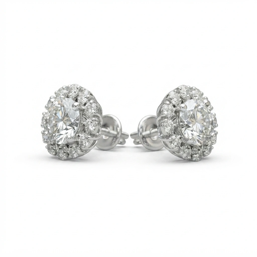 PT950 Platinum Round Brilliant Halo Diamond Stud Earrings view 5