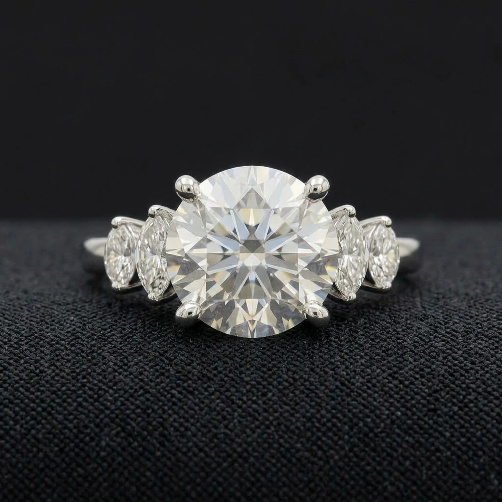 Round Diamond Engagement Ring with Marquise Side Stones in PT950 Platinum