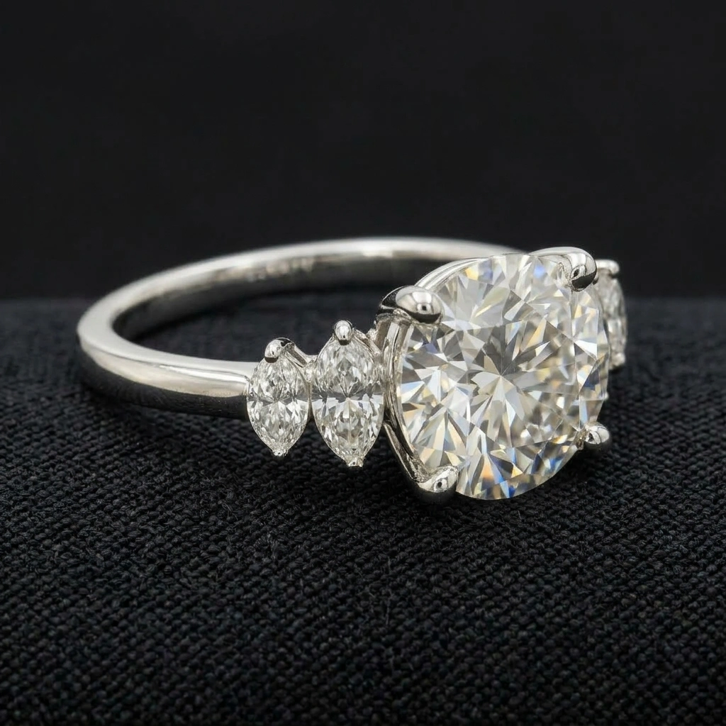 Round Diamond Engagement Ring with Marquise Side Stones in PT950 Platinum view 3