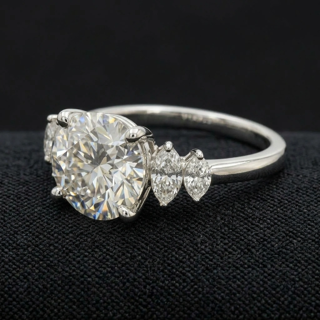 Round Diamond Engagement Ring with Marquise Side Stones in PT950 Platinum view 4