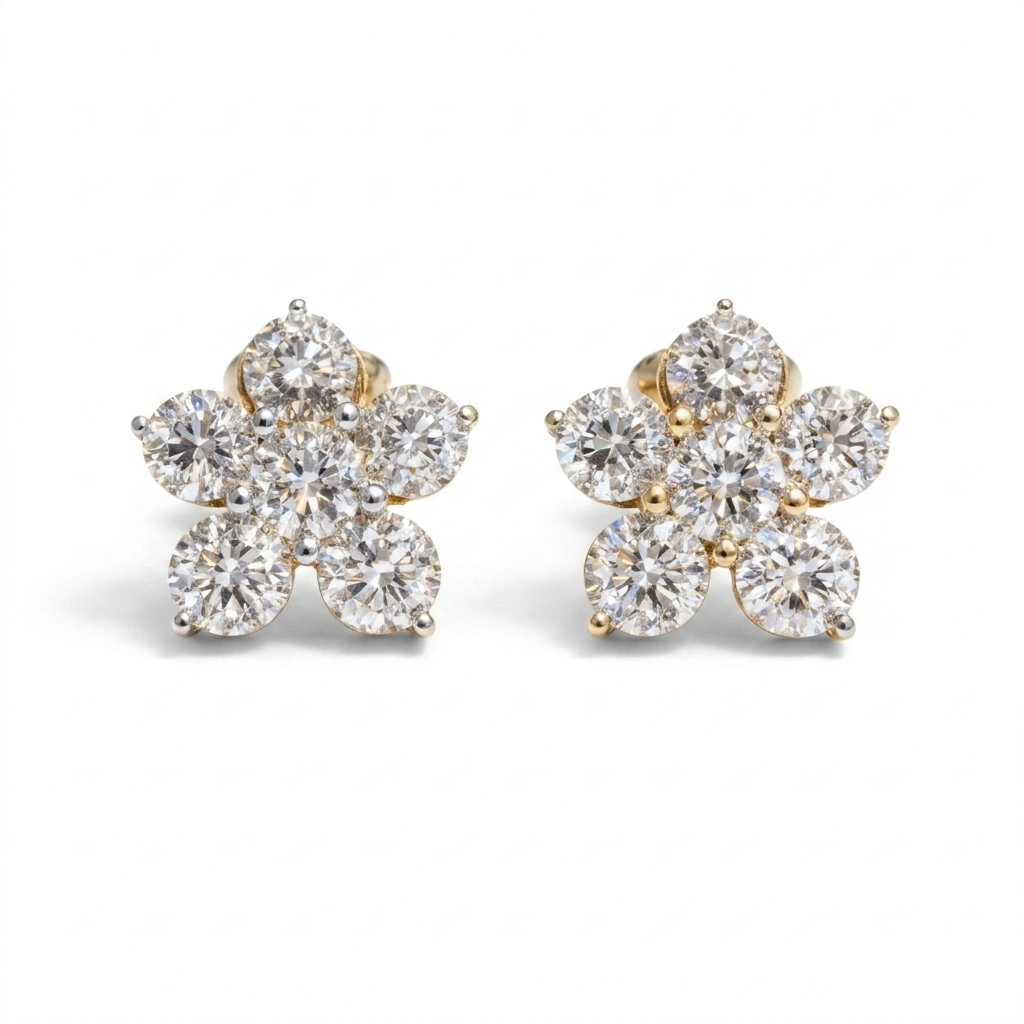 Round Diamond Flower Cluster Stud Earrings in 14K Gold view 3