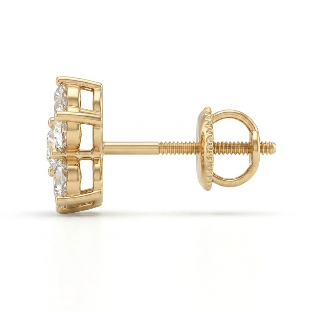 Round Diamond Flower Cluster Stud Earrings in 14K Gold view 4