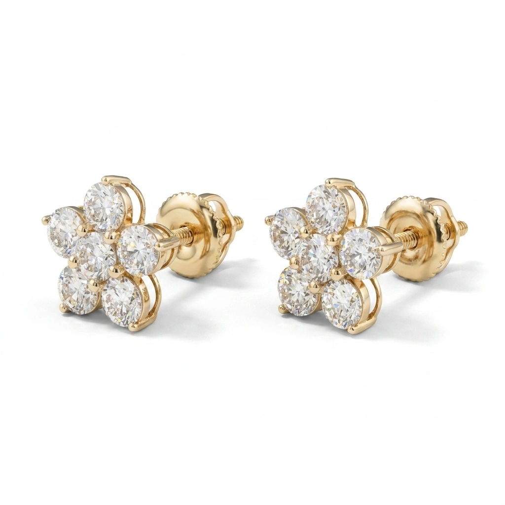 Round Diamond Flower Cluster Stud Earrings in 14K Gold view 5