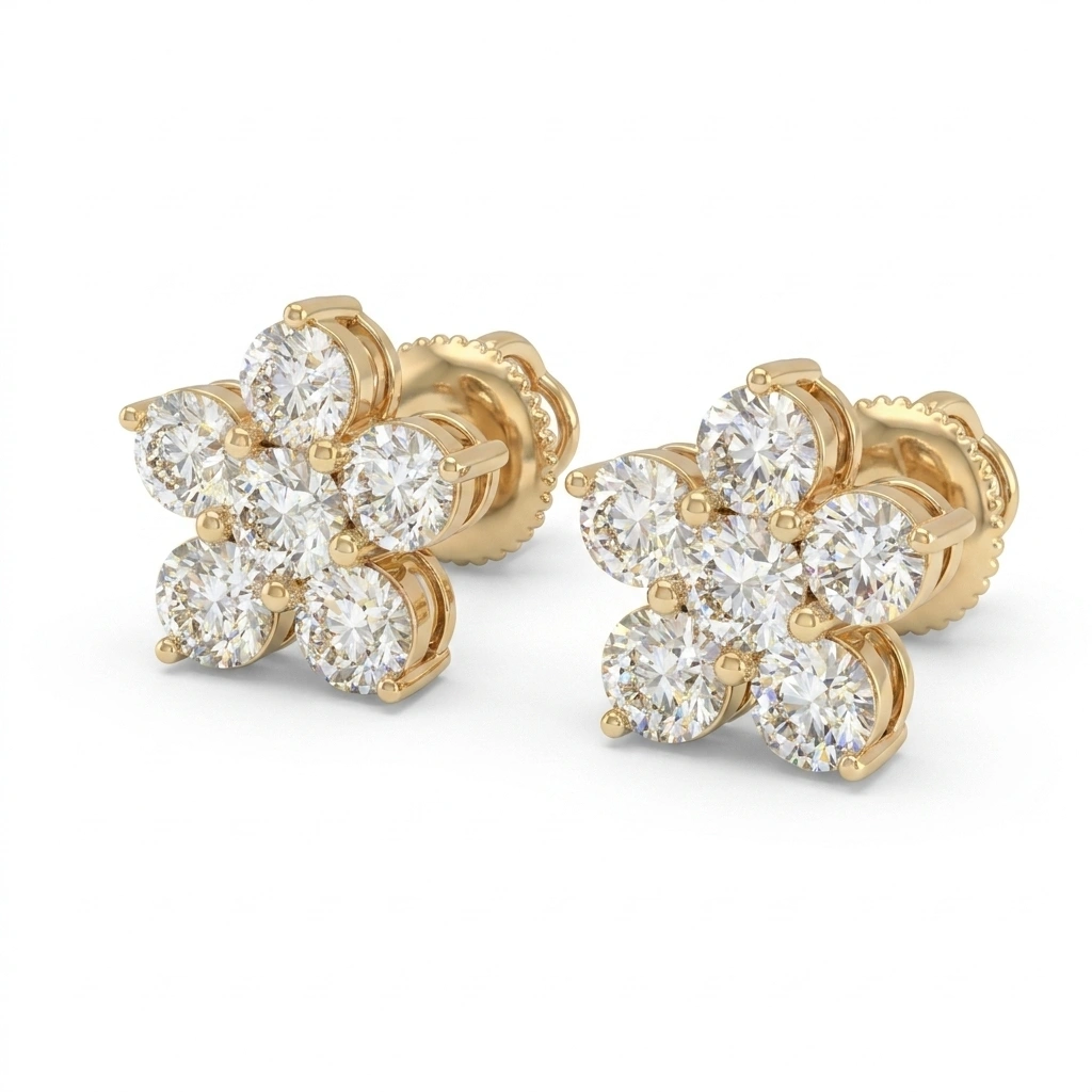 Round Diamond Flower Cluster Stud Earrings in 14K Gold view 6