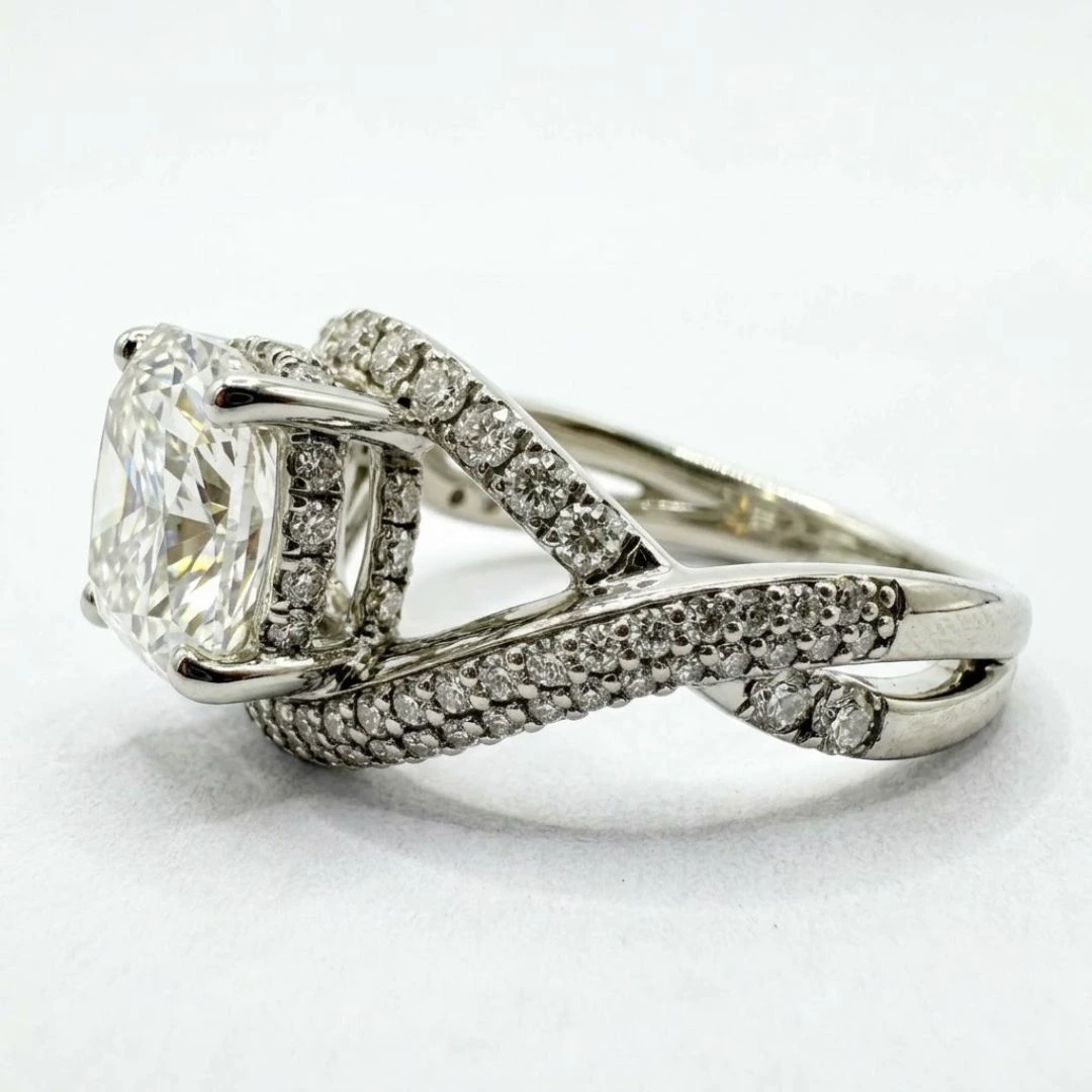 Round Lab Grown Diamond Bypass Twist Halo Ring | White Gold | IGI Certified view 6